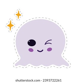 Un fantasma con los ojos cubiertos. Carácter mágico y bonito con elementos decorativos. Pegatina con línea de puntos