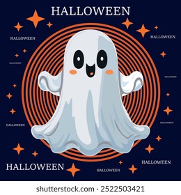 A ghost is standing in the center of a Halloween themed poster. The poster features a variety of Halloween related words and phrases, such as "Halloween" 