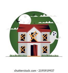 Ghost Standing near Halloween haunted house illustration concept