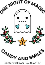 A ghost with a star and leaves on a white background. The ghost is smiling and the words "One Night of Magic" are written below it