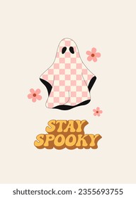 Ghost. Stay spooky. Checkered ghost. Retro hippie boho style. Vector