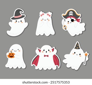 Coleção de adesivos Ghost em estilo plano. Fantasmas bonitos em vários trajes de Halloween, vampiro, bruxo, pirata. Ilustração plana vetorial em estilo desenhado à mão isolada no plano de fundo cinza. 