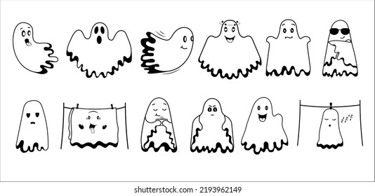 Ghost Stickers. Cute Funny Ghost Illustration In Hand-drawn Style. Sticker For Social Network, Decoration For Halloween.