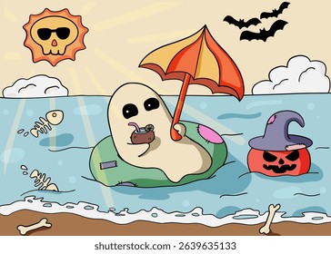 A ghost sunbathing at sea with umbrella and drink, spooky pumpkin with witch hat floating nearby, sunny sky with bats and skull sun