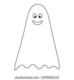 Ghost. Sweet grimace. Spirit with a smiling expression. Vector illustration. Outline on isolated white background. Doodle style. Sketch. Casting. Halloween symbol. White linen suit. Spirit. Idea for w