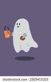 Ghost with tea cup and cookie. Cut spirit with hot drink. Halloween illustration. 