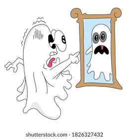 der Geist hat Angst, sich im Spiegel anzuschauen. Zeichentrickaufkleber Emoticon