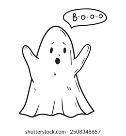 Un fantasma que asusta a la gente y grita libro con las manos levantándose en negro aislado sobre fondo blanco. Dibujado a mano ilustración de boceto de Vector en estilo de arte de línea vintage grabado doodle. Feliz Halloween