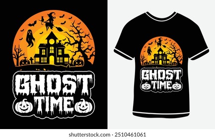 Ghost time t-shirt design, vector T-shirt, Graphic cat t shirt, Spooky t shirt Design, Halloween text t- shirt Free  Vector, Pumpkin , Ghost , House, etc. Halloween T-shirt Design Template Print.