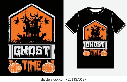 Camiseta del tiempo del fantasma, diseño de la camiseta de Halloween, fantasma de calabaza, fantasma lindo, Elementos de Halloween, Ilustración vectorial, diseño divertido de la camiseta de Halloween, Plantilla de diseño de la camiseta del horror, impresión