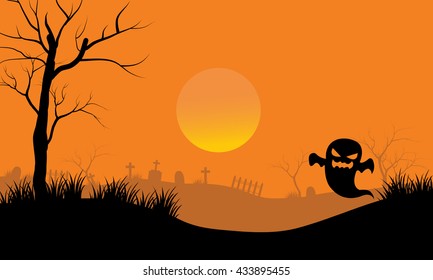 Ghost in tomb scary Halloween with oorange backgrounds