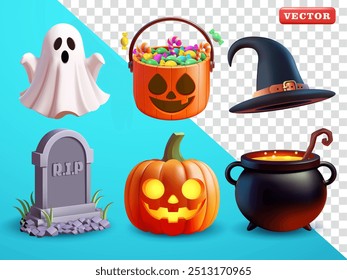 Ghost, tombstone, pumpkin, witch and candy bucket, 3d vector. Suitable for events and design elements