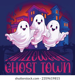 Ghost town in halloween. City with ghosts. Old ghost house. Cartoon funny happy spirit. Dark night background with the specter and wilted tree. Ghost face, bogey, phantasma, revenant, wraith, vision