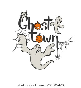 Ghost town lettering. Halloween design with ghosts and web.