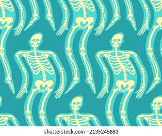 Ghost of transparent man with bones pattern seamless. spirit flies background