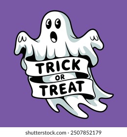 Ghost with Trick or Treat Banner on Purple Background