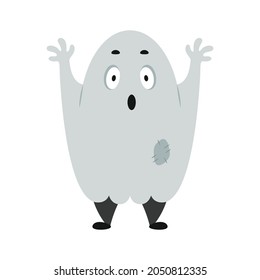 Ghost under the sheet. Funny cartoon Halloween character. Cute costume for spooky party. Spirit scares. Boo! Cool mascot for autumn holiday promotion. Isolated clipart for seasonal packaging design.