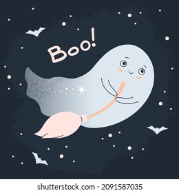 Ghost vampire Funny vector illustration on a dark background. Transparent Ghost Bat with Teeth for Halloween Decoration