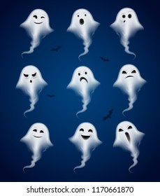 Ghost with various emotions set of realistic icons isolated on dark background with bats vector illustration   