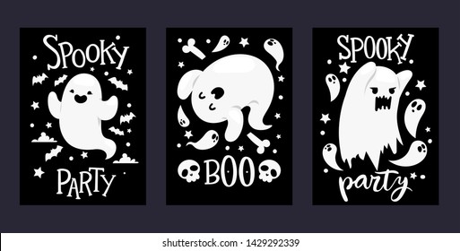 Ghost vector cartoon scary ghosted character illustration backdrop of Halloween holiday spooky party horror nightmare ghostly boo fear background banner.