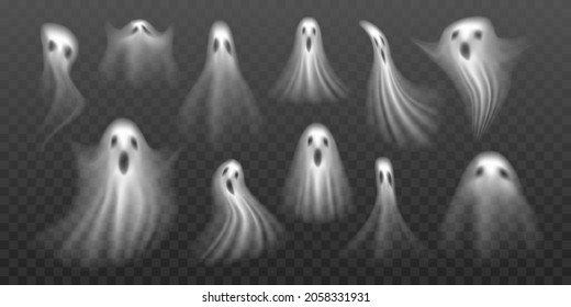 Ghost vector collection, isolated on transparent background. White ghost set, halloween horror silhouette, funny and spooky sign, shadow.