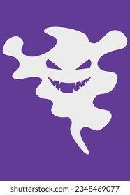 Ilustración del vector fantasma. Feliz Halloween, Espíritu abstracto gris asustado. Un personaje espeluznante de dibujos animados. Cara enojada. Tarjeta de saludo de fondo morado.