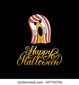 Ghost vector illustration with Happy Halloween lettering. All Saints' Eve background. Festive phantom logo.