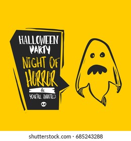 Ghost vector illustration. Happy Halloween invitation to Halloween party. Cloud frame yellow background. Sketch design.