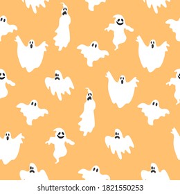 Ghost vector seamless pattern on orange background for Halloween  fashion print, wallpaper, wrapping paper etc.