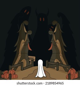 Ghost village. Buy a pumpkin to celebrate and decorate it for the Halloween holiday. The ghost is playing trick-or-treat. Vector illustration for a postcard for All Saints' Day. Trick with a treat.