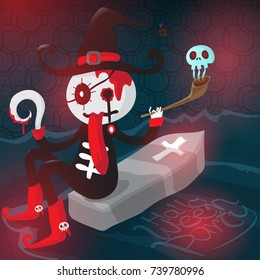 Ghost wearing a black suit. Sitting on a coffin on Halloween party