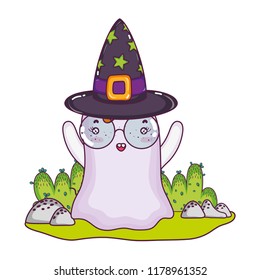 ghost wearing glasses with witch hat in the landscape