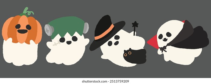 Ghost wearing Halloween costume. witch, vampire, pumpkin, undead green hair with screw doodle drawing graphic illustration on isolated Background