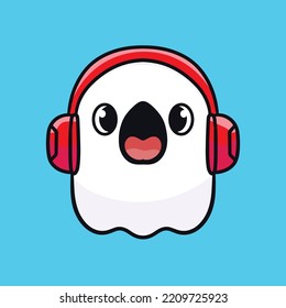 Ghost Wearing Headphone Cartoon Mascot Vector Design Flat Cute Smile Expression