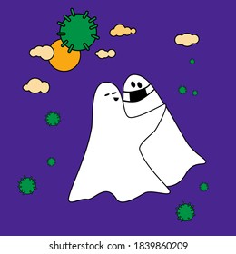 Un fantasma con una máscara se asusta por el coronavirus mientras otro fantasma lo abraza.