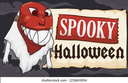 Ghost wearing a scary red mask with a big spooky smile and sharp teeth, over a scroll and red tape for Halloween celebration.