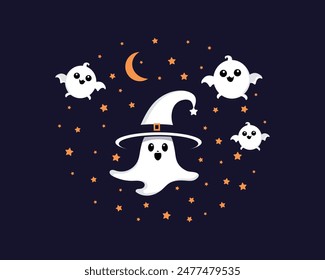Сartoon ghost wearing a witch hat and ghosts of bats. Cute spirit for Halloween. Vector illustration.