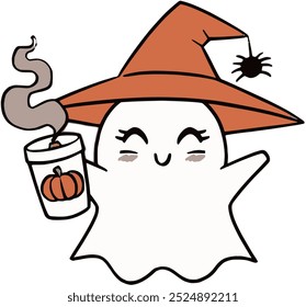 ghost wearing witch hat and holding a cup, design icon halloween