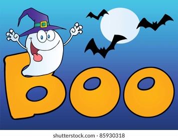 Ghost Wearing A Witch Hat In The Word BOO With Bats On Blue