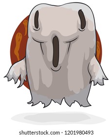 Ghost with white fabric like skin, strange expression in its face, floating and ready for a scary night with other spirits.