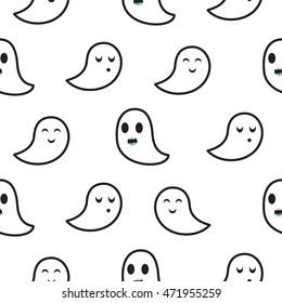 Ghost white seamless vector pattern. Funny spooks in monochrome colors.