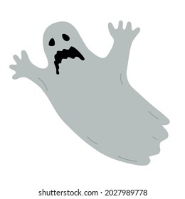 A ghost in a white sheet flies with an open mouth. The ghost has holes instead of eyes and mouth.