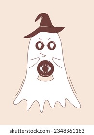 Ghost in witch hat with crystal ball. Halloween ghost character in groovy style.
