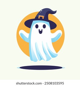 Ghost in witch hat. Cute smiling spirit. Flying haunted. Cute cartoon spooky character. Witch hat. Halloween phantom design vector illustration. Happy Halloween greeting card, invitation, poster