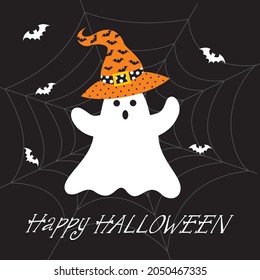 Ghost and witch hat for halloween greeting card