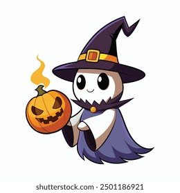 Ghost in Witch Hat Holding Glowing Pumpkin Vector Illustration - Cartoon, Clipart, and Line Art Design