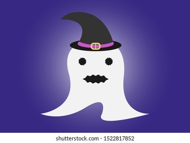 Ghost with witch hat on purple background.