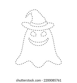 Ghost with witch hat tracing worksheet for kids