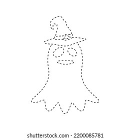 Ghost with witch hat tracing worksheet for kids