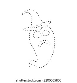 Ghost with witch hat tracing worksheet for kids